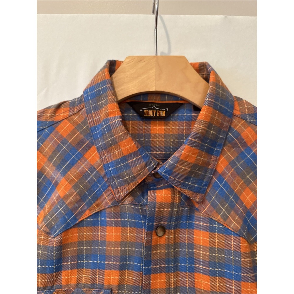 Orvis Trout Bum Shirt Mens LG Orange Blue Plaid Pearl Snap Western Flannel